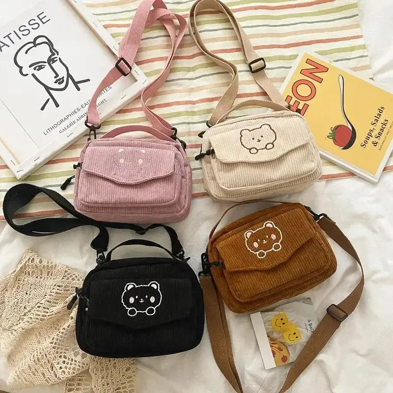 Personalized Teddy Bear Embroidered Diagonal Shoulder Bag, Corduroy Leisure Bag, WOMEN'S Crossbody Bag Le voyageur pratik
