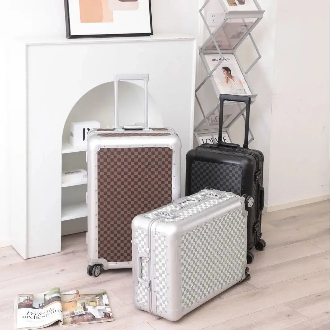 Unisex All Aluminum Magnesium Alloy Luggage Set with Spinner Caster Pull Rod Checkerboard Password Trolley Suitcase New Features Le voyageur pratik