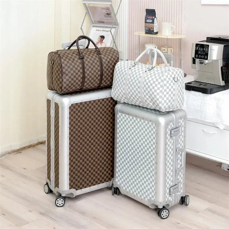 Unisex All Aluminum Magnesium Alloy Luggage Set with Spinner Caster Pull Rod Checkerboard Password Trolley Suitcase New Features Le voyageur pratik