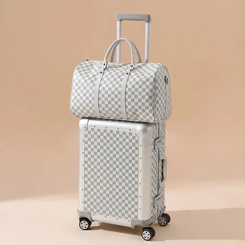 Unisex All Aluminum Magnesium Alloy Luggage Set with Spinner Caster Pull Rod Checkerboard Password Trolley Suitcase New Features Le voyageur pratik