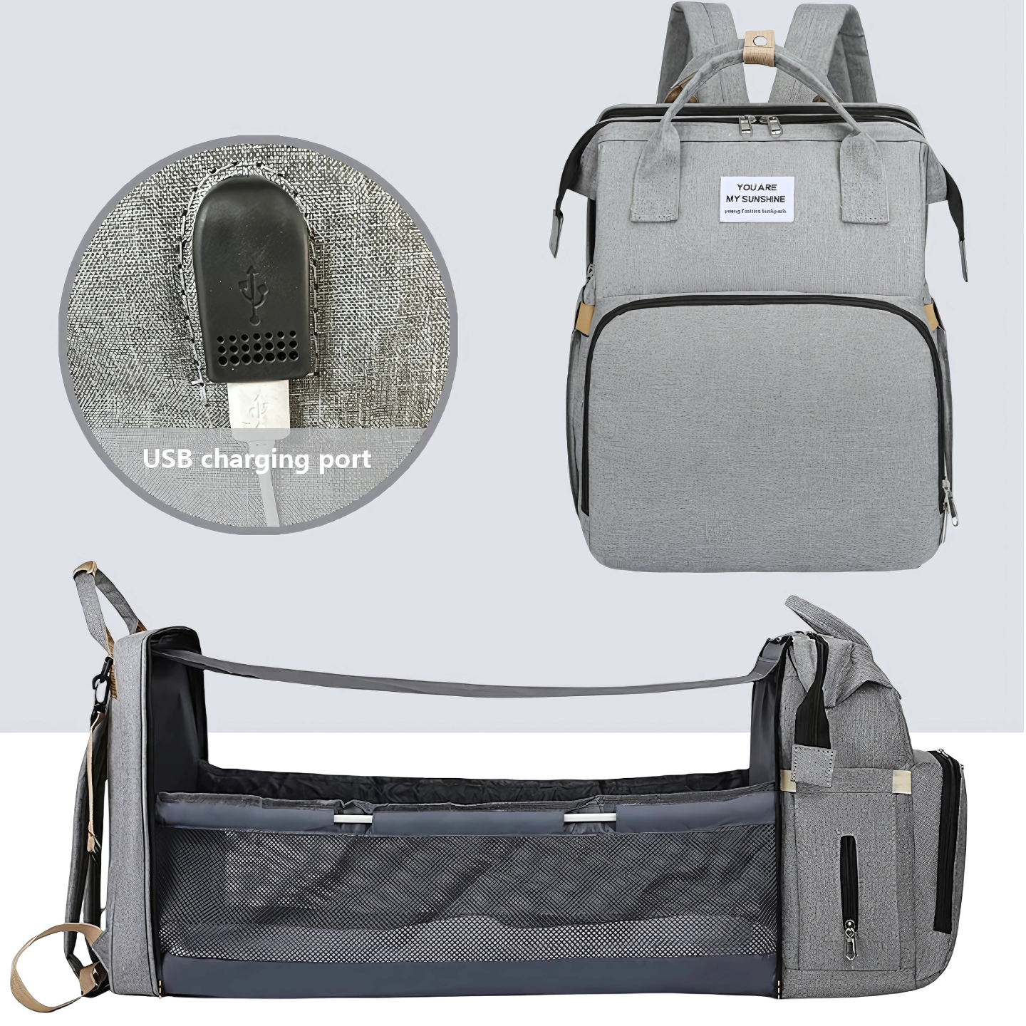 Sunny- Sac à langer pliable avec lit bébé intégré et port USB- Le voyageur pratik