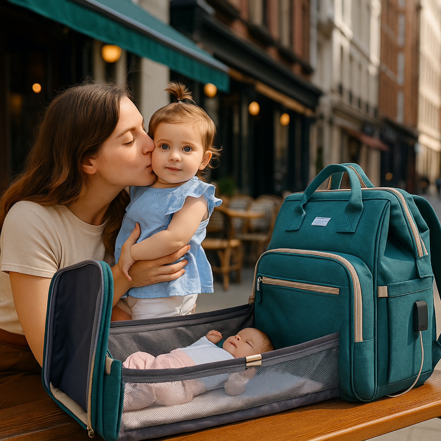 Sunny- Sac à langer pliable avec lit bébé intégré et port USB- Le voyageur pratik