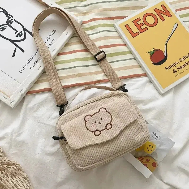 Personalized Teddy Bear Embroidered Diagonal Shoulder Bag, Corduroy Leisure Bag, WOMEN'S Crossbody Bag Le voyageur pratik