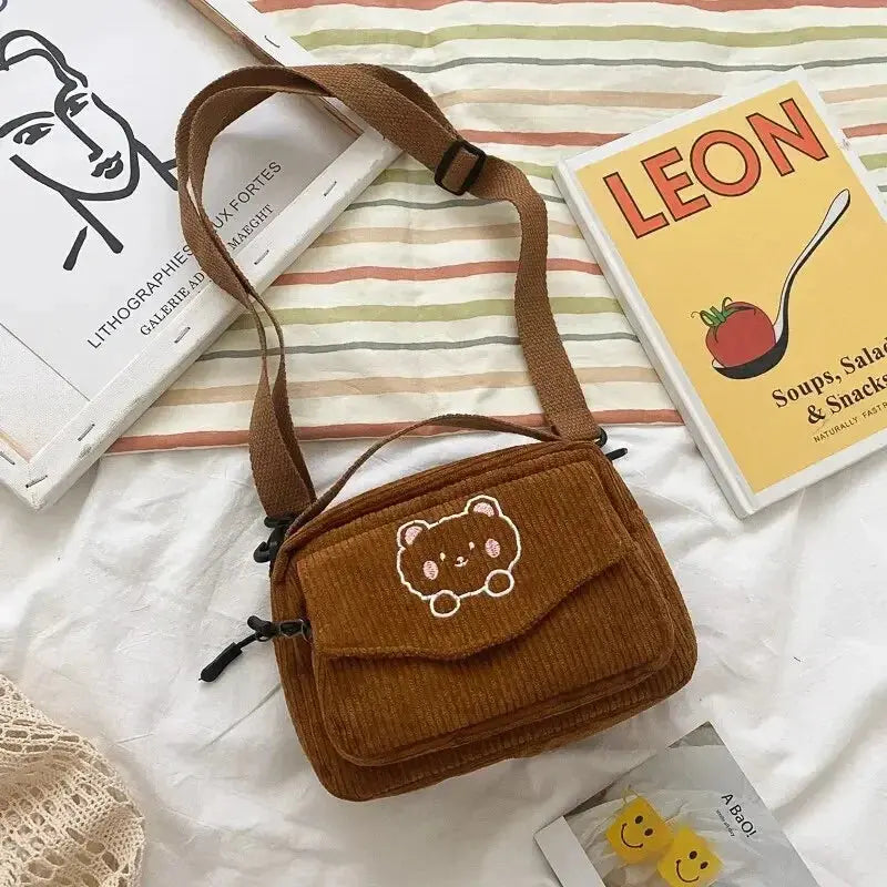 Personalized Teddy Bear Embroidered Diagonal Shoulder Bag, Corduroy Leisure Bag, WOMEN'S Crossbody Bag Le voyageur pratik