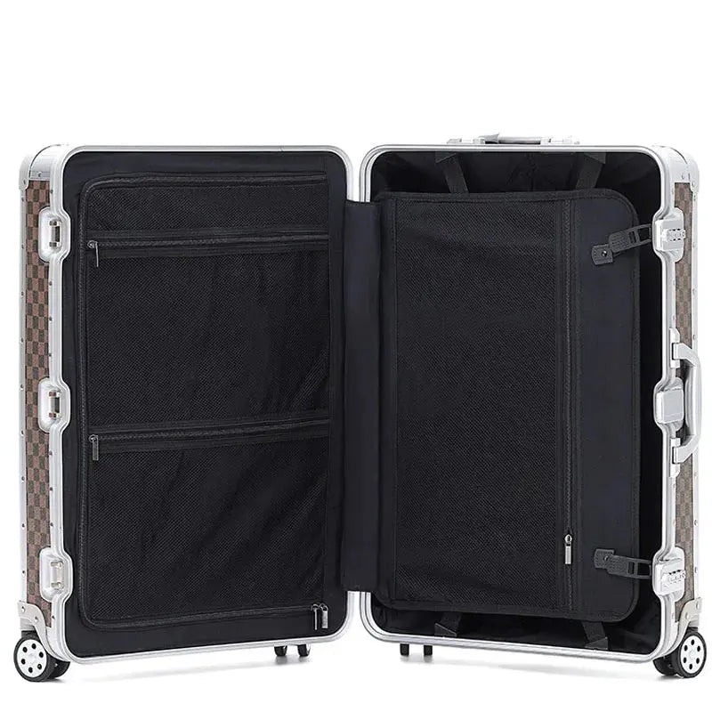 Unisex All Aluminum Magnesium Alloy Luggage Set with Spinner Caster Pull Rod Checkerboard Password Trolley Suitcase New Features Le voyageur pratik