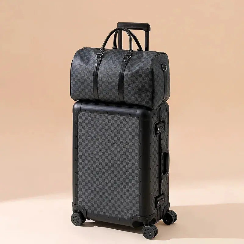 Unisex All Aluminum Magnesium Alloy Luggage Set with Spinner Caster Pull Rod Checkerboard Password Trolley Suitcase New Features Le voyageur pratik